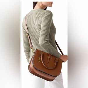 Fossil Ryder Satchel Leather Handbag crossbody strap lock charm